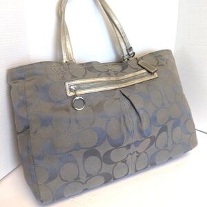 Signature Coach Monogram Gray w Leather Trim Large Tote Travel Bag Purse